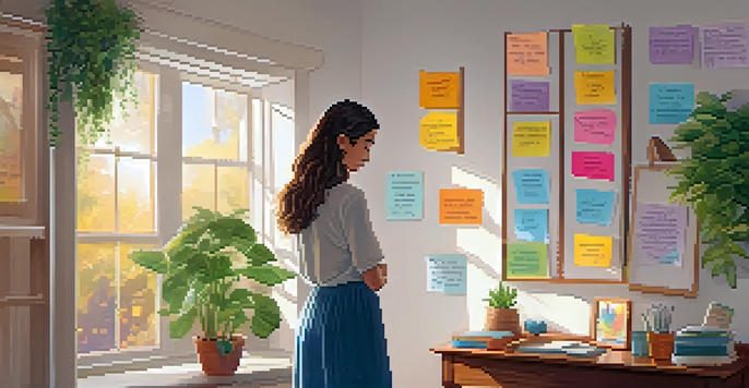 A person standing in front of a mirror, reciting positive affirmations in a softly lit room filled with plants and colorful decorations.