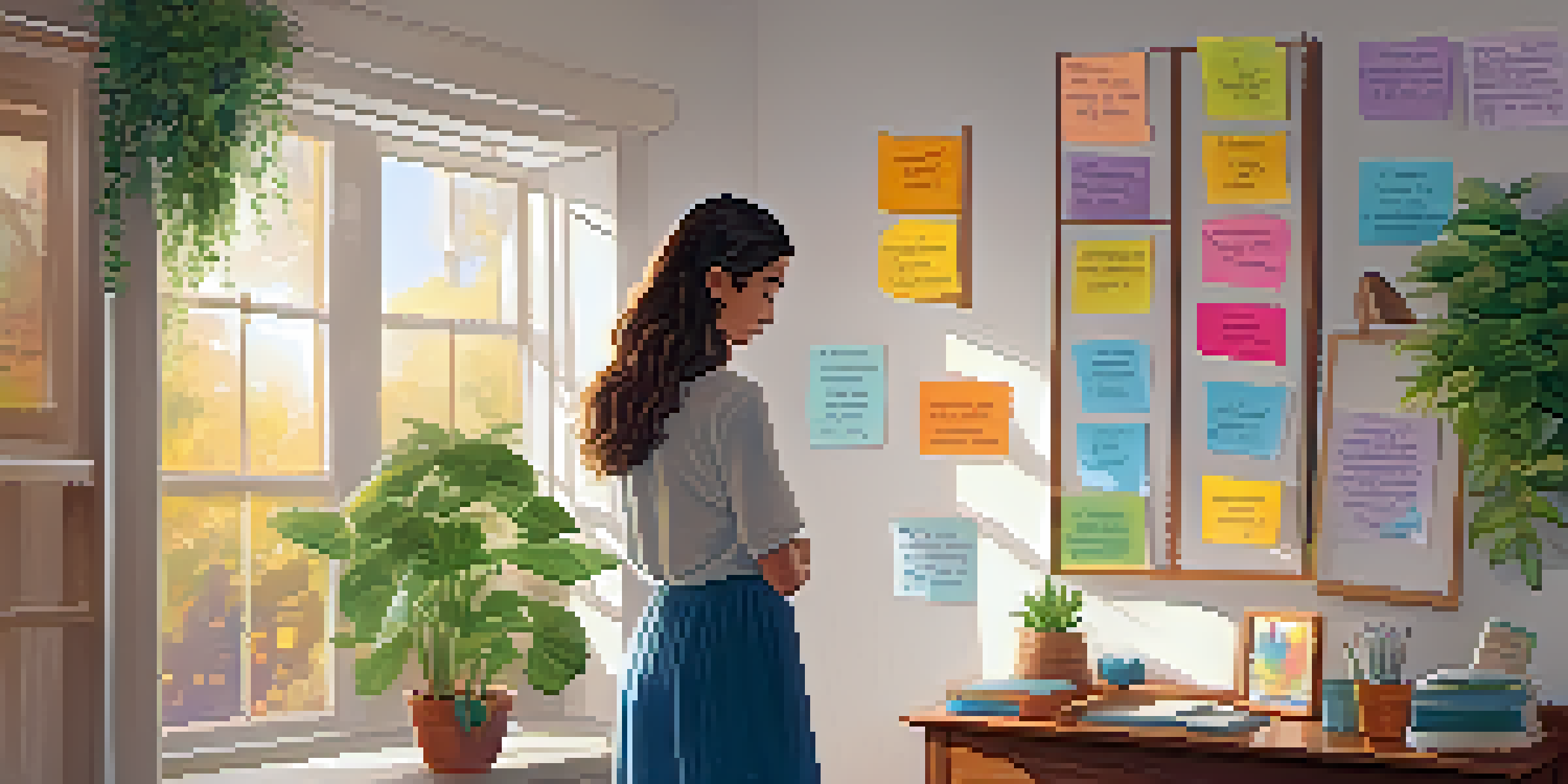 A person standing in front of a mirror, reciting positive affirmations in a softly lit room filled with plants and colorful decorations.