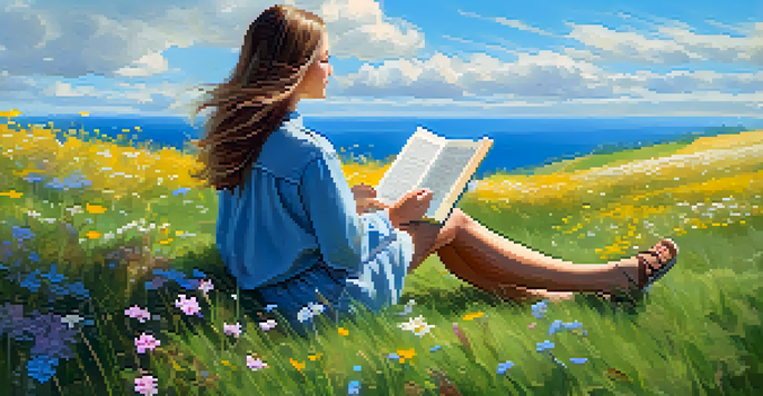 A person reading a book on a grassy hill surrounded by wildflowers under a blue sky.