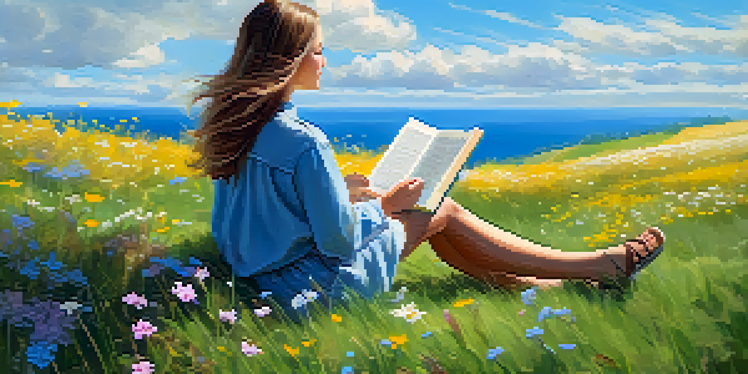 A person reading a book on a grassy hill surrounded by wildflowers under a blue sky.