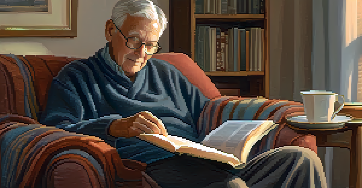 An elderly person reading a book in a cozy living room with a cup of tea, creating a warm and inviting scene.