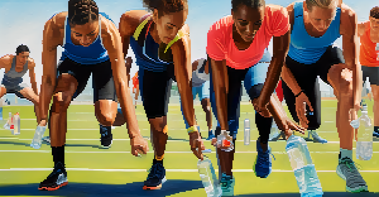 A group of diverse athletes training outdoors, each holding a water bottle under the sun, emphasizing the importance of hydration.