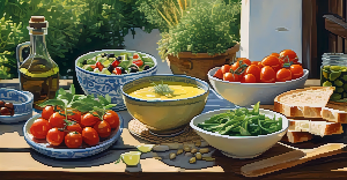 A colorful Mediterranean meal on a wooden table, showcasing fresh salads, hummus, and whole grain bread with a sunny terrace in the background.