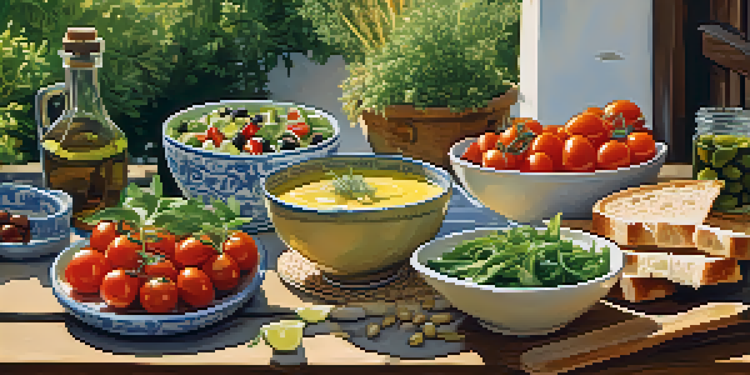A colorful Mediterranean meal on a wooden table, showcasing fresh salads, hummus, and whole grain bread with a sunny terrace in the background.