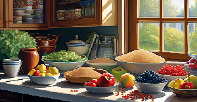 A wooden table in a bright kitchen filled with colorful low-GI foods, including quinoa, brown rice, apples, berries, and leafy greens, illuminated by warm sunlight.