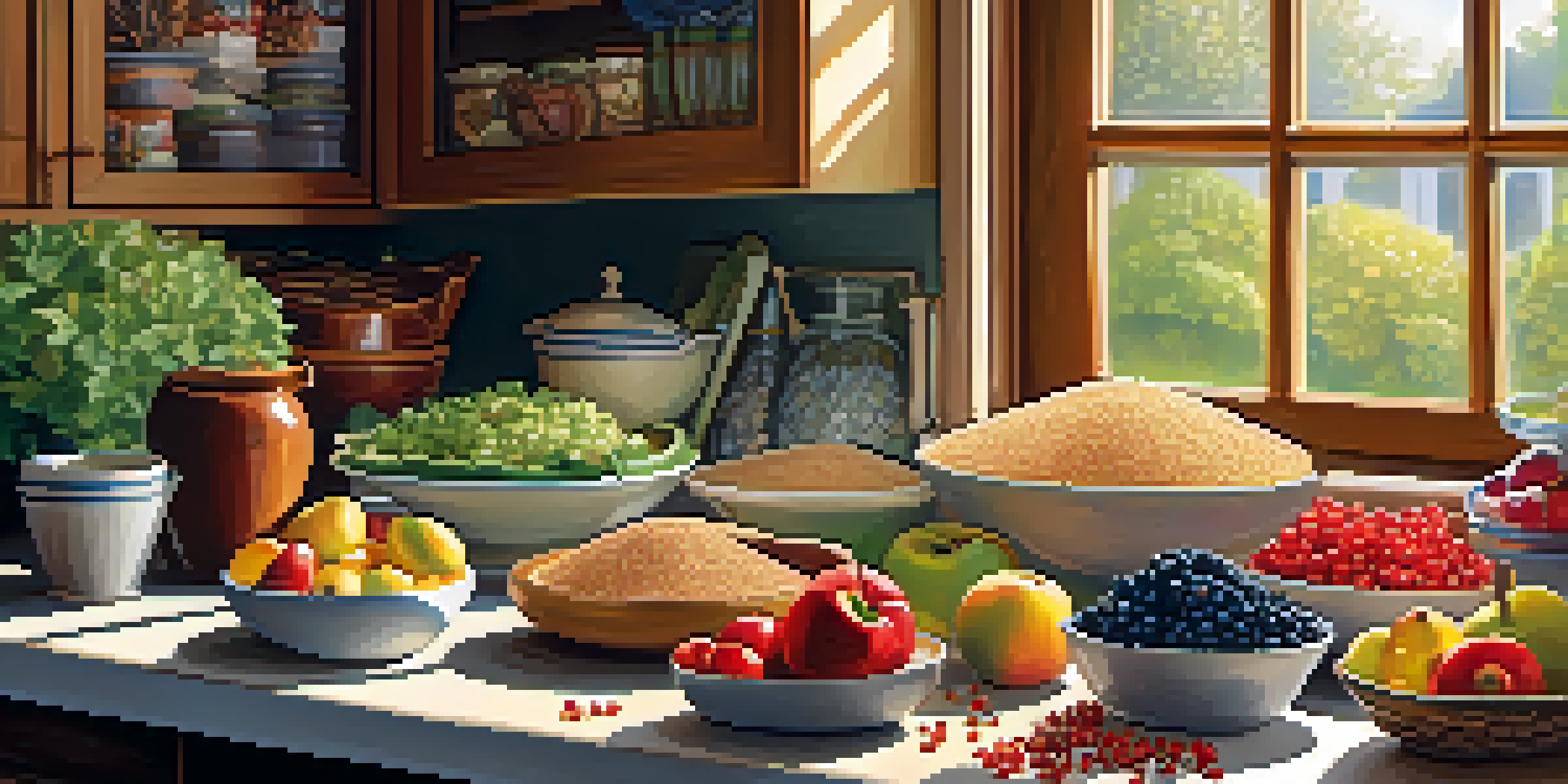 A wooden table in a bright kitchen filled with colorful low-GI foods, including quinoa, brown rice, apples, berries, and leafy greens, illuminated by warm sunlight.
