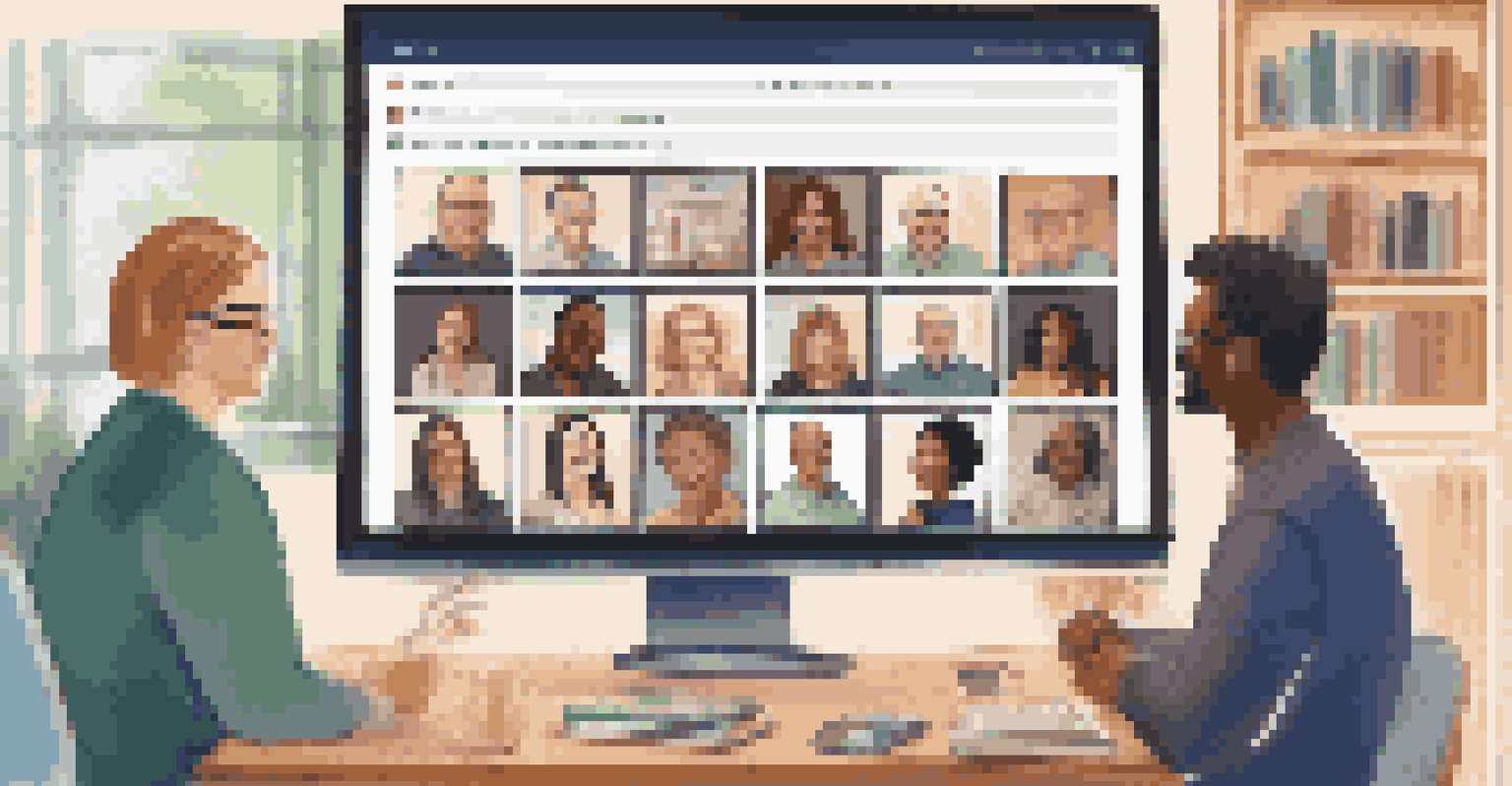 A computer screen showing an online support group meeting with participants sharing health experiences.
