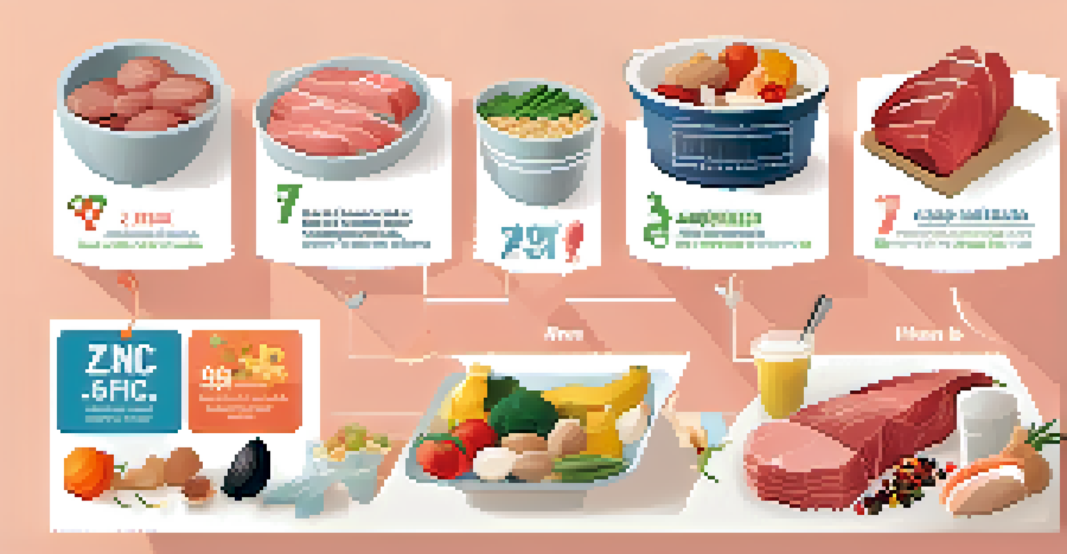 An infographic showing daily zinc intake recommendations for various age groups, with colorful food source icons.
