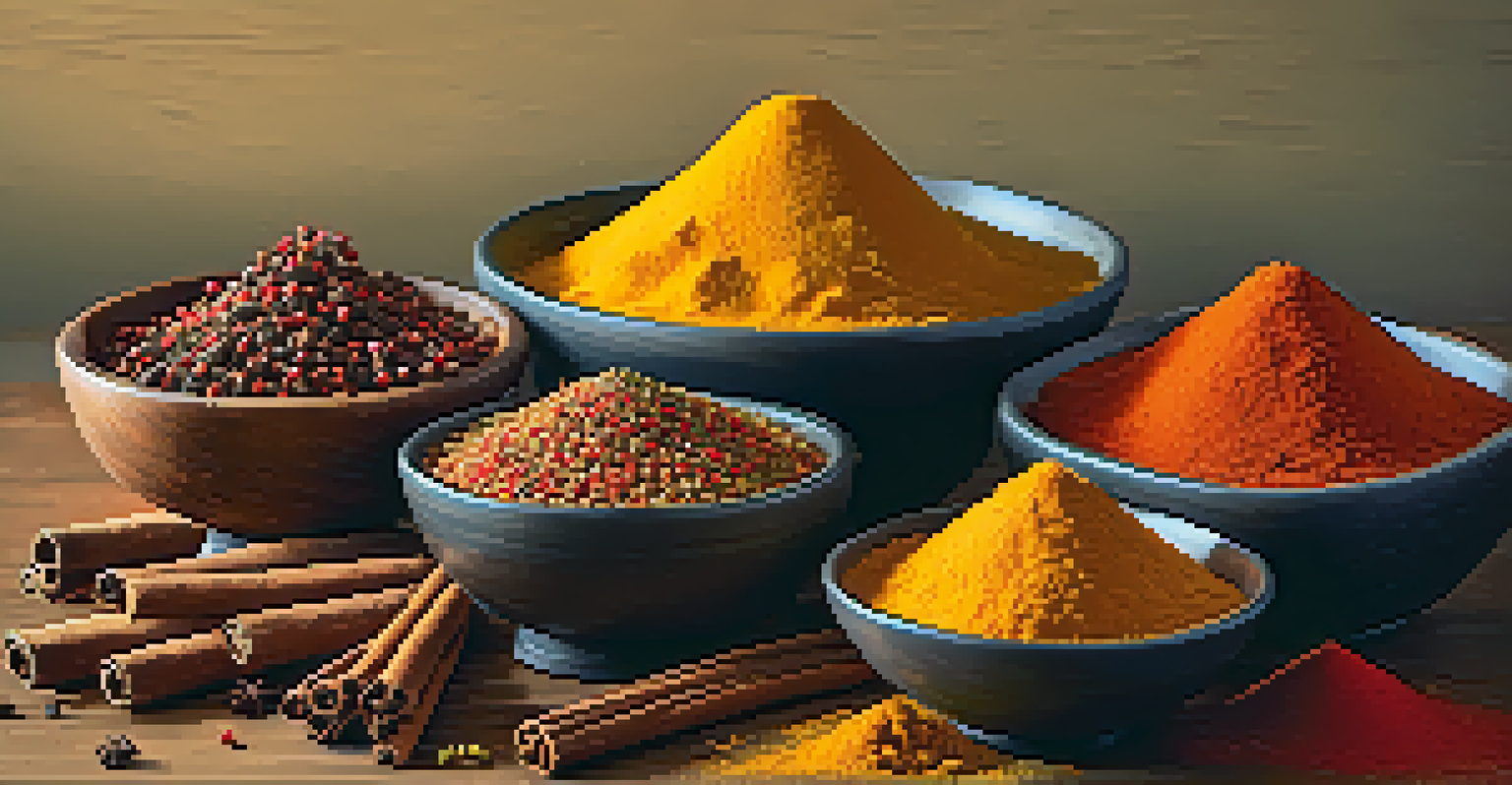 An arrangement of colorful spices in bowls on a wooden table, including cayenne pepper, turmeric, and cinnamon sticks, with scattered herbs.