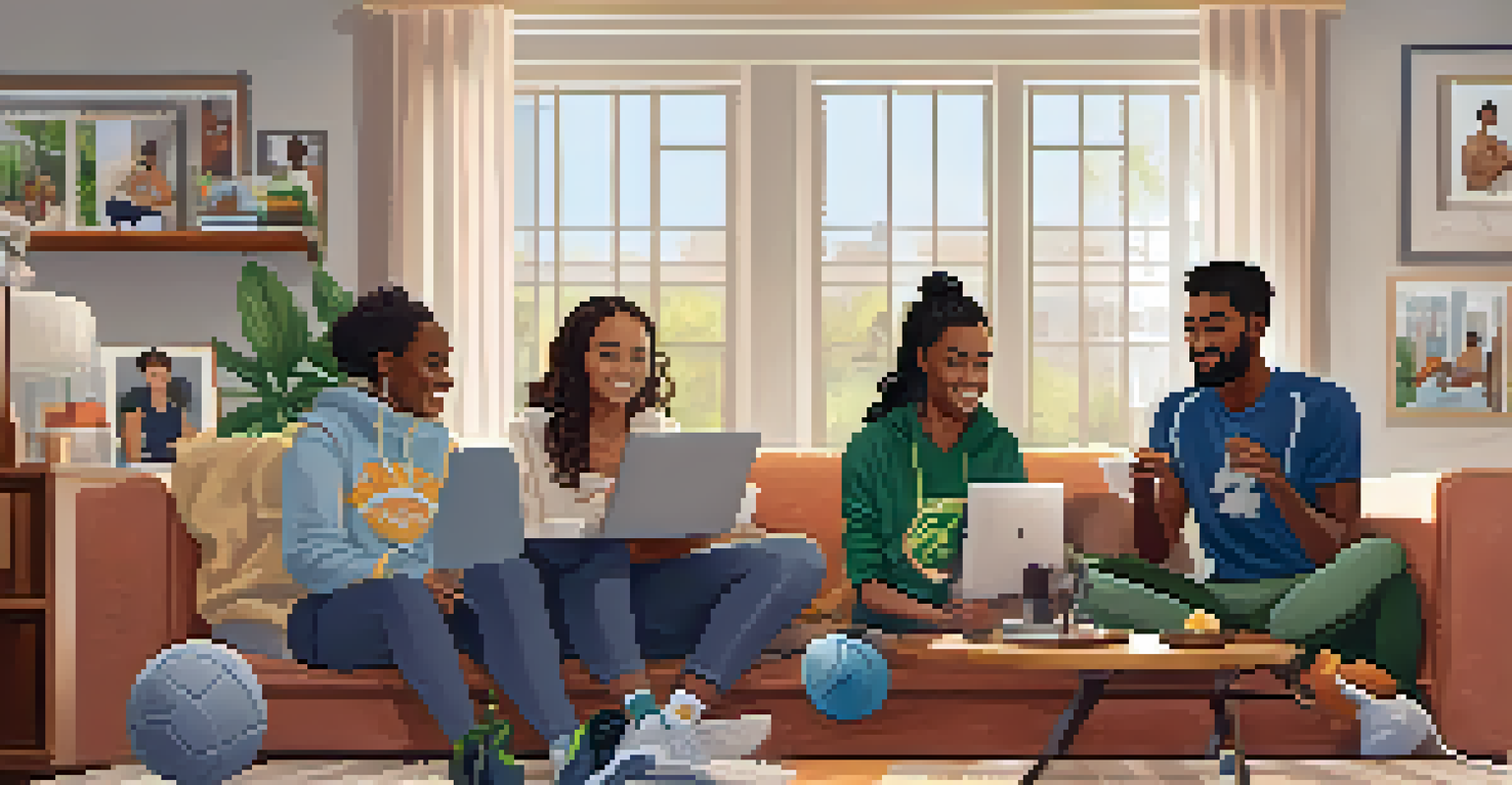 A diverse group of athletes having a video call in a cozy living room, sharing recovery tips and support.
