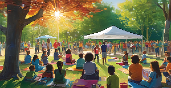 A diverse group of community members gathered in a park for a meeting about health initiatives, with children playing in the background.