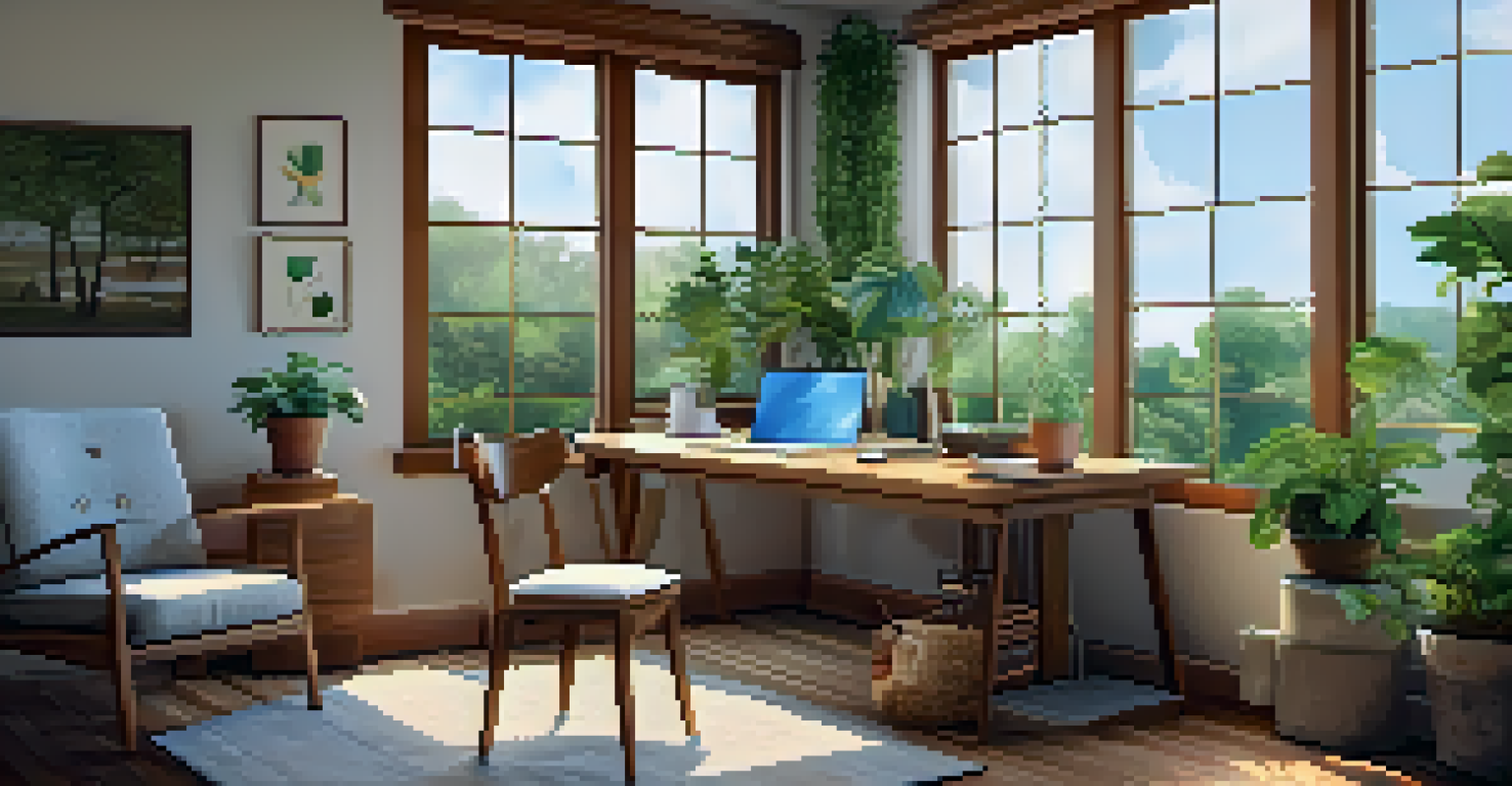 A bright and organized workspace with natural light, a laptop, plants, and a view of trees outside the window.