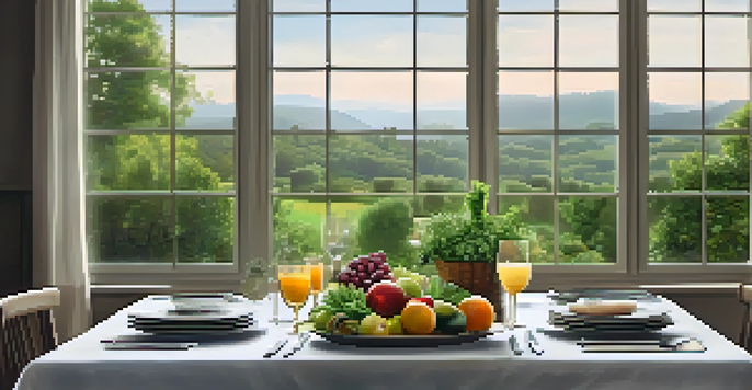 A beautifully set dining table with fresh produce and soft lighting, overlooking a calming nature scene.