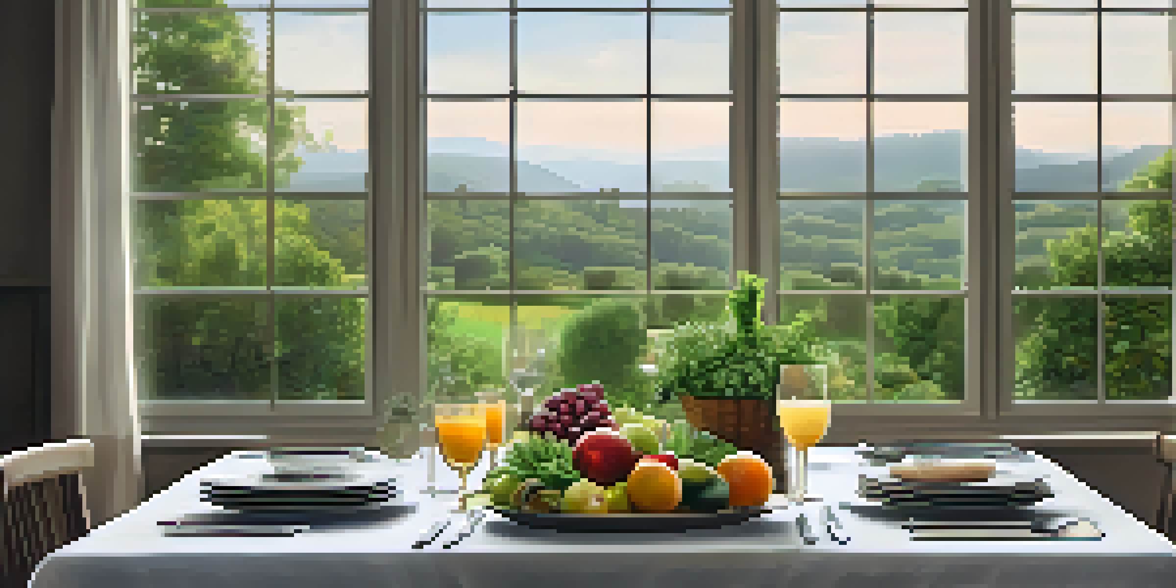 A beautifully set dining table with fresh produce and soft lighting, overlooking a calming nature scene.