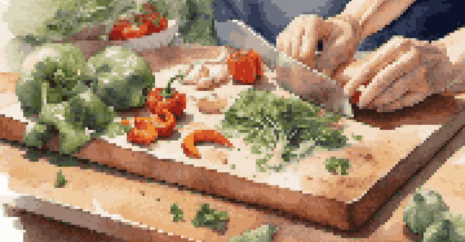 A person's hands chopping fresh vegetables on a cutting board in a well-lit kitchen filled with colorful ingredients.