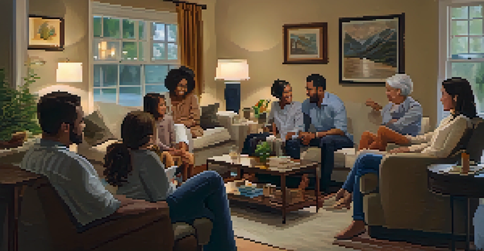 A family sitting together in a cozy living room, engaged in supportive conversation with warm lighting.