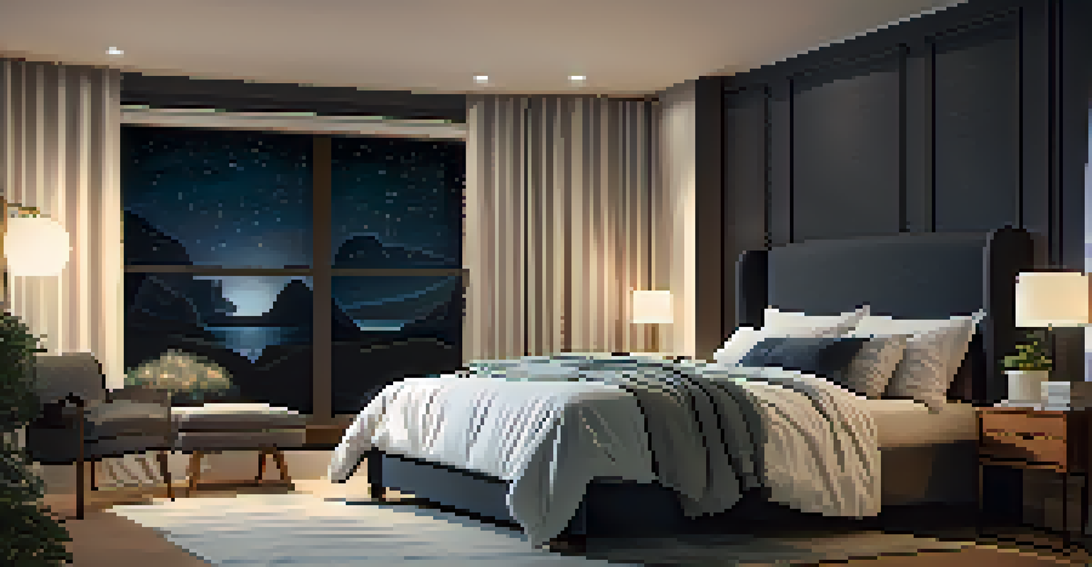 A cozy bedroom set up for sleep hygiene, featuring soft bedding, a white noise machine, and blackout curtains for a restful environment.