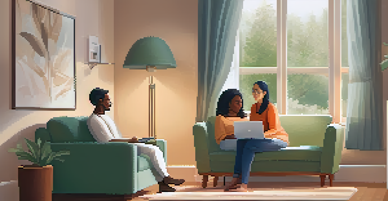 A patient having a telehealth session in a cozy living room with a therapist displayed on a laptop.