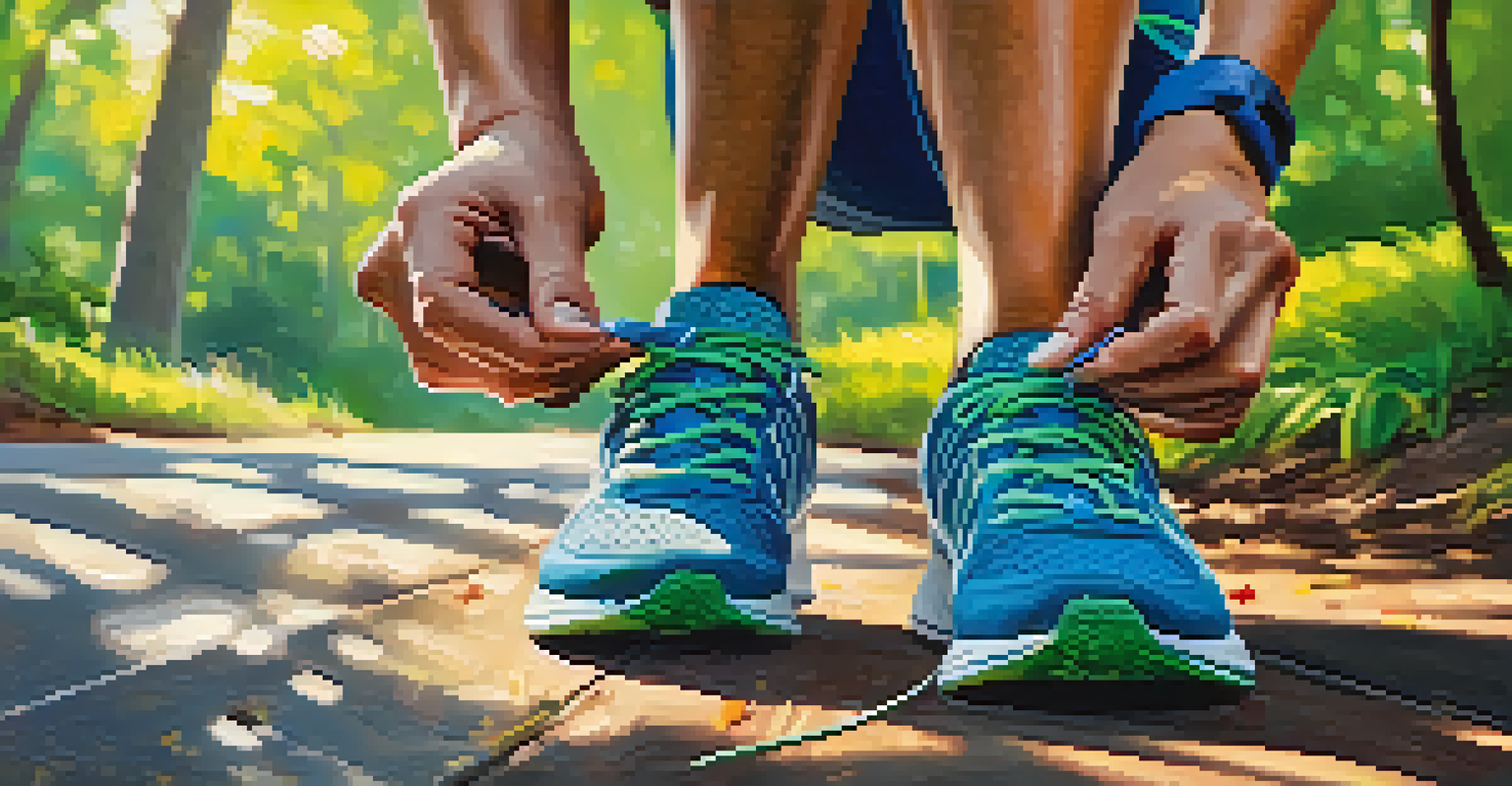 A person's hands tying shoelaces on colorful running shoes in a sunny park setting.