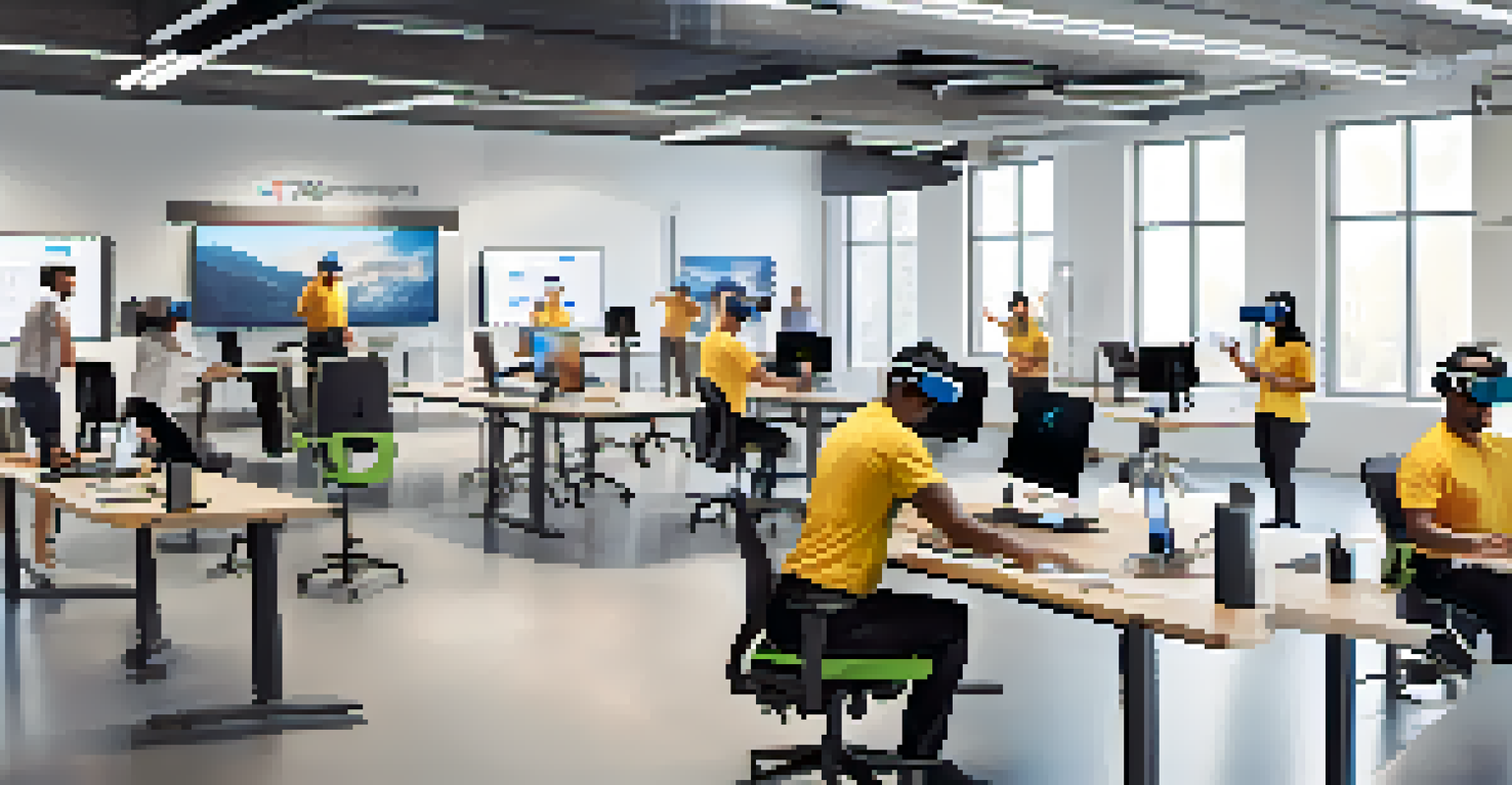 Employees in a modern training room using virtual reality for ergonomic training with standing desks in the background.