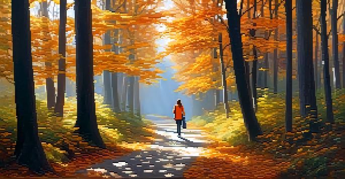 A peaceful forest path in autumn with colorful leaves and a person walking, representing a digital detox.