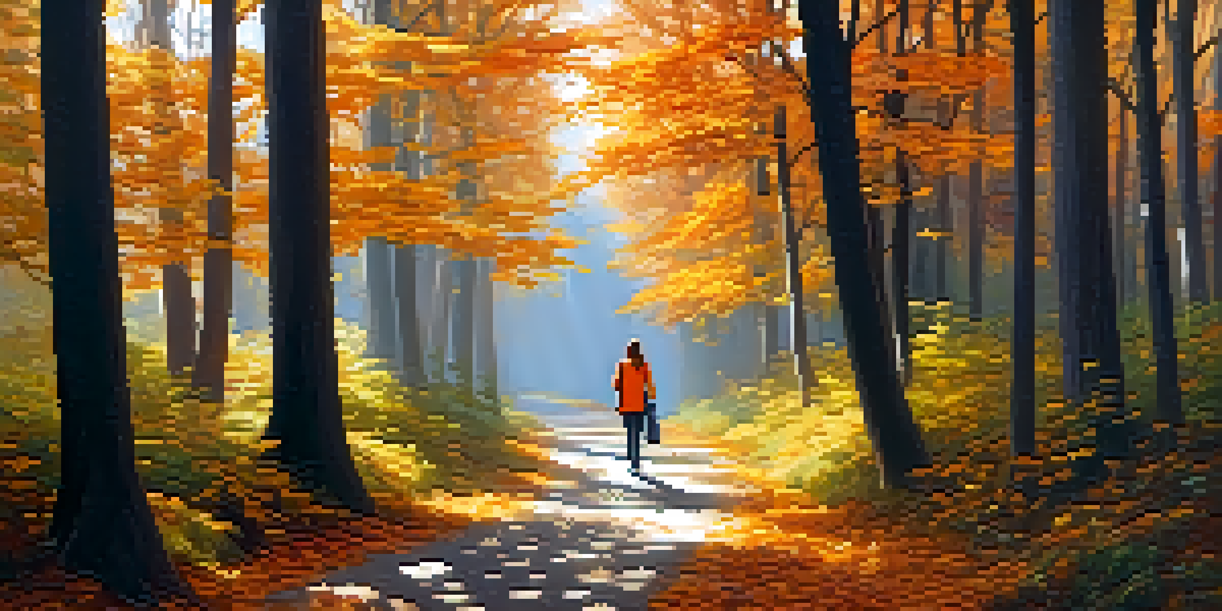 A peaceful forest path in autumn with colorful leaves and a person walking, representing a digital detox.