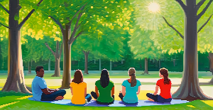 A health coach leading a mindfulness exercise in a park with a group of individuals, surrounded by greenery and soft sunlight.