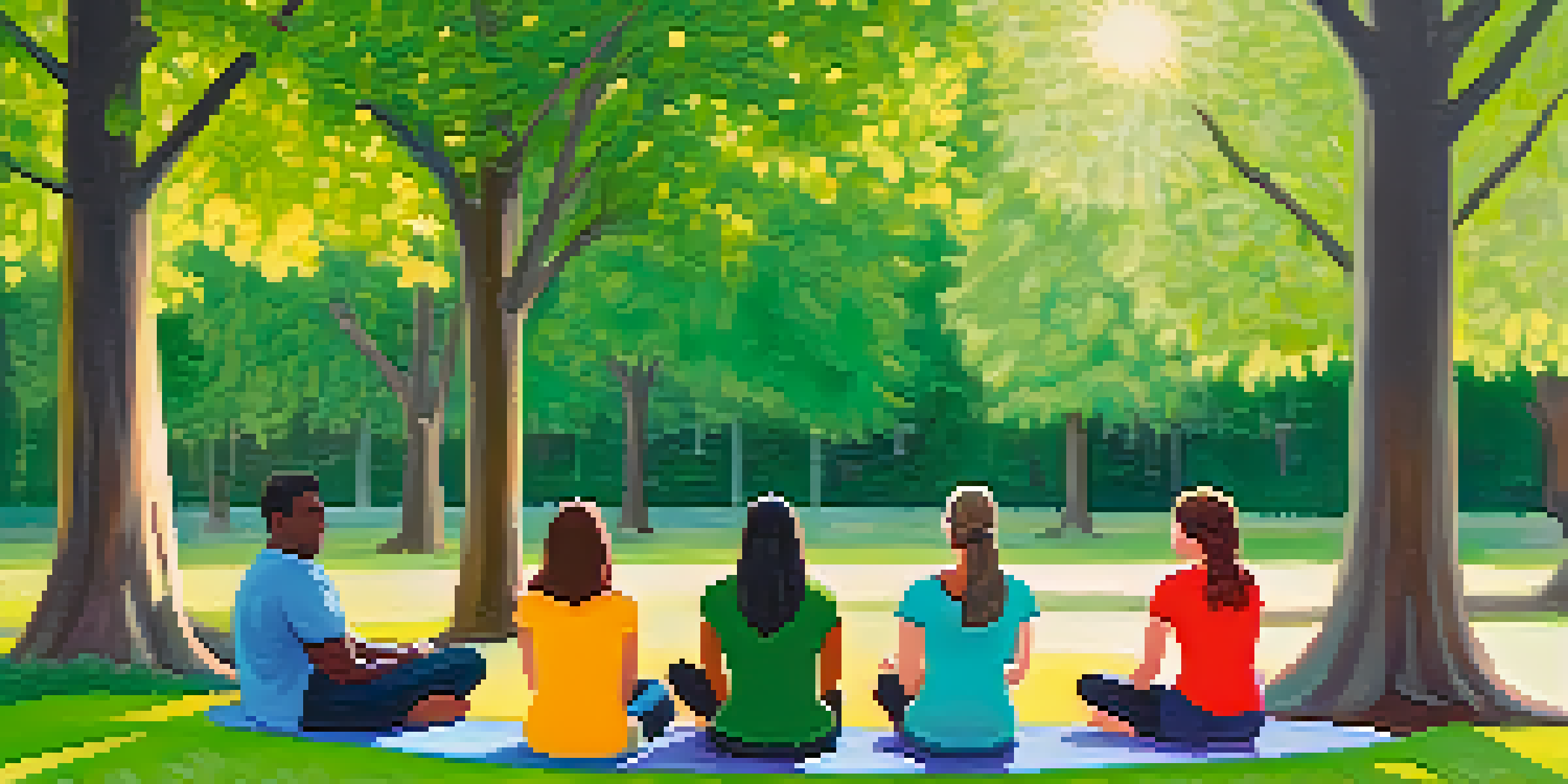 A health coach leading a mindfulness exercise in a park with a group of individuals, surrounded by greenery and soft sunlight.