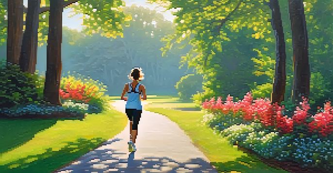 A person jogging on a sunlit path in a lush green landscape, surrounded by trees and flowers.