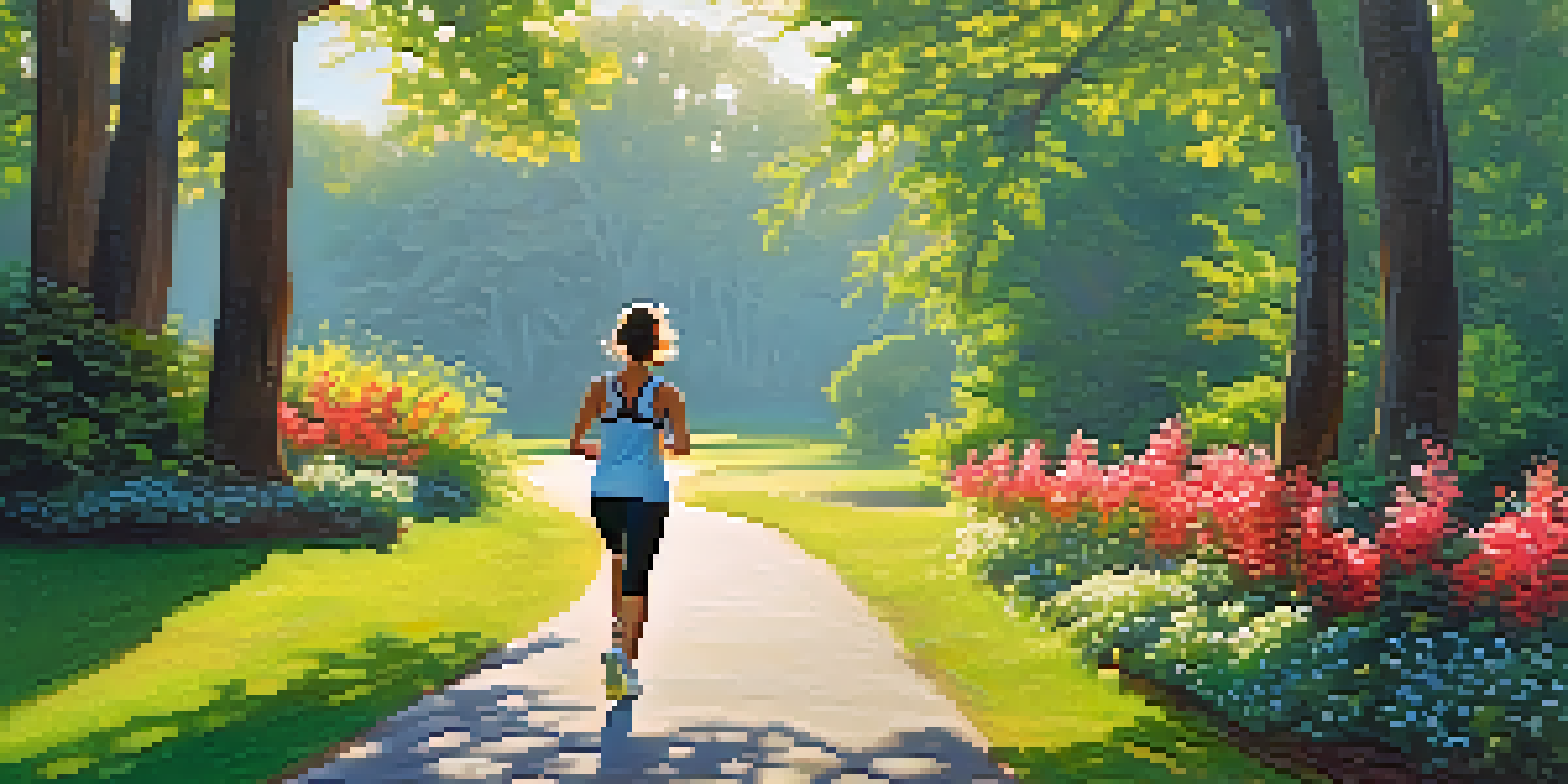 A person jogging on a sunlit path in a lush green landscape, surrounded by trees and flowers.