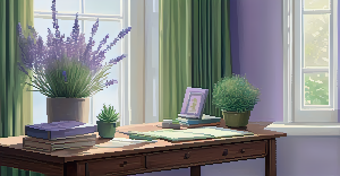 A home office with a wooden desk, a diffuser, a potted plant, and wellness books, all bathed in soft natural light.