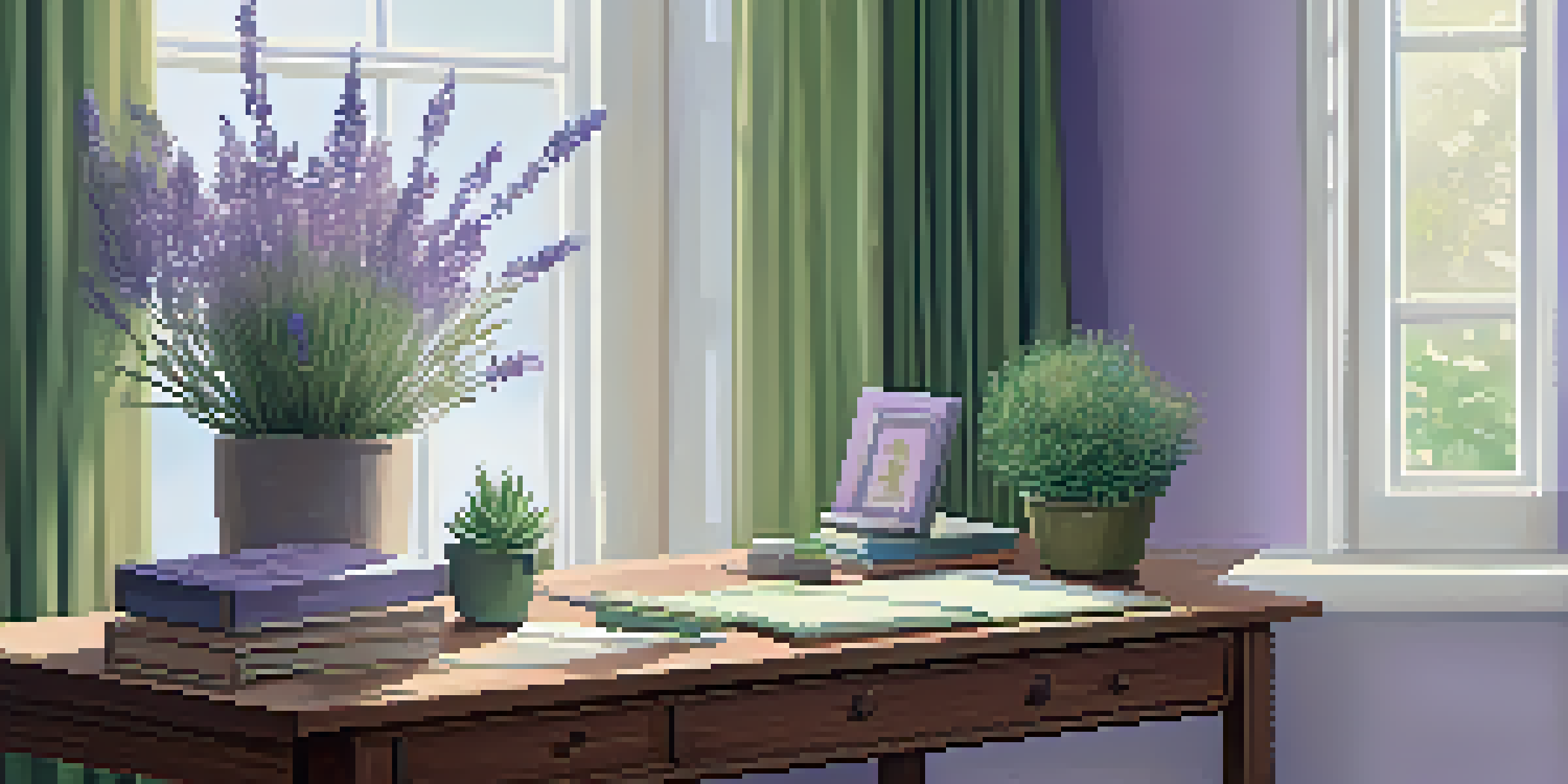 A home office with a wooden desk, a diffuser, a potted plant, and wellness books, all bathed in soft natural light.