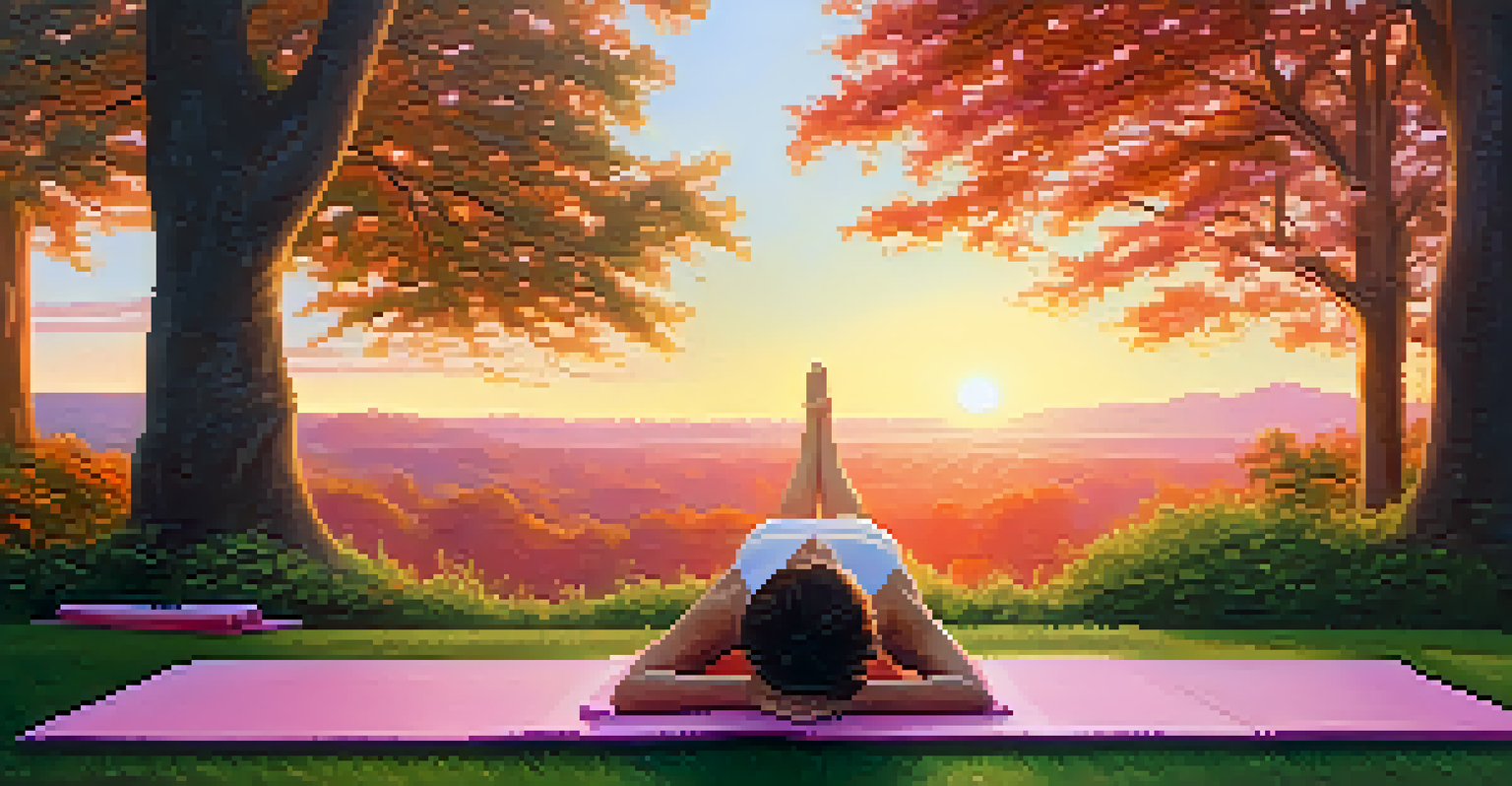 A person lying on a yoga mat in a green park, practicing body scan meditation with a beautiful sunset in the background.