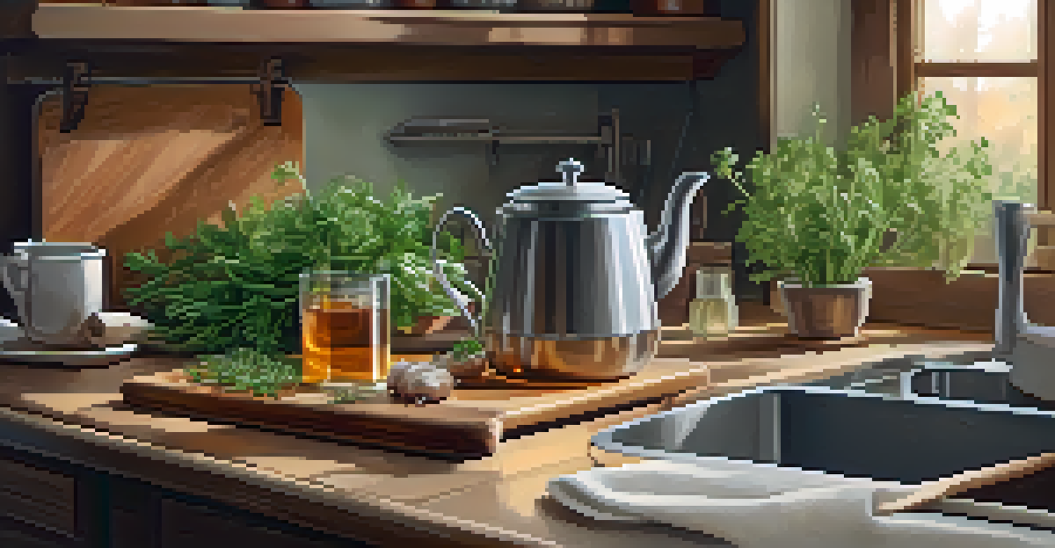 A kitchen with herbal tea brewing, fresh herbs, and chopped vegetables on a cutting board.