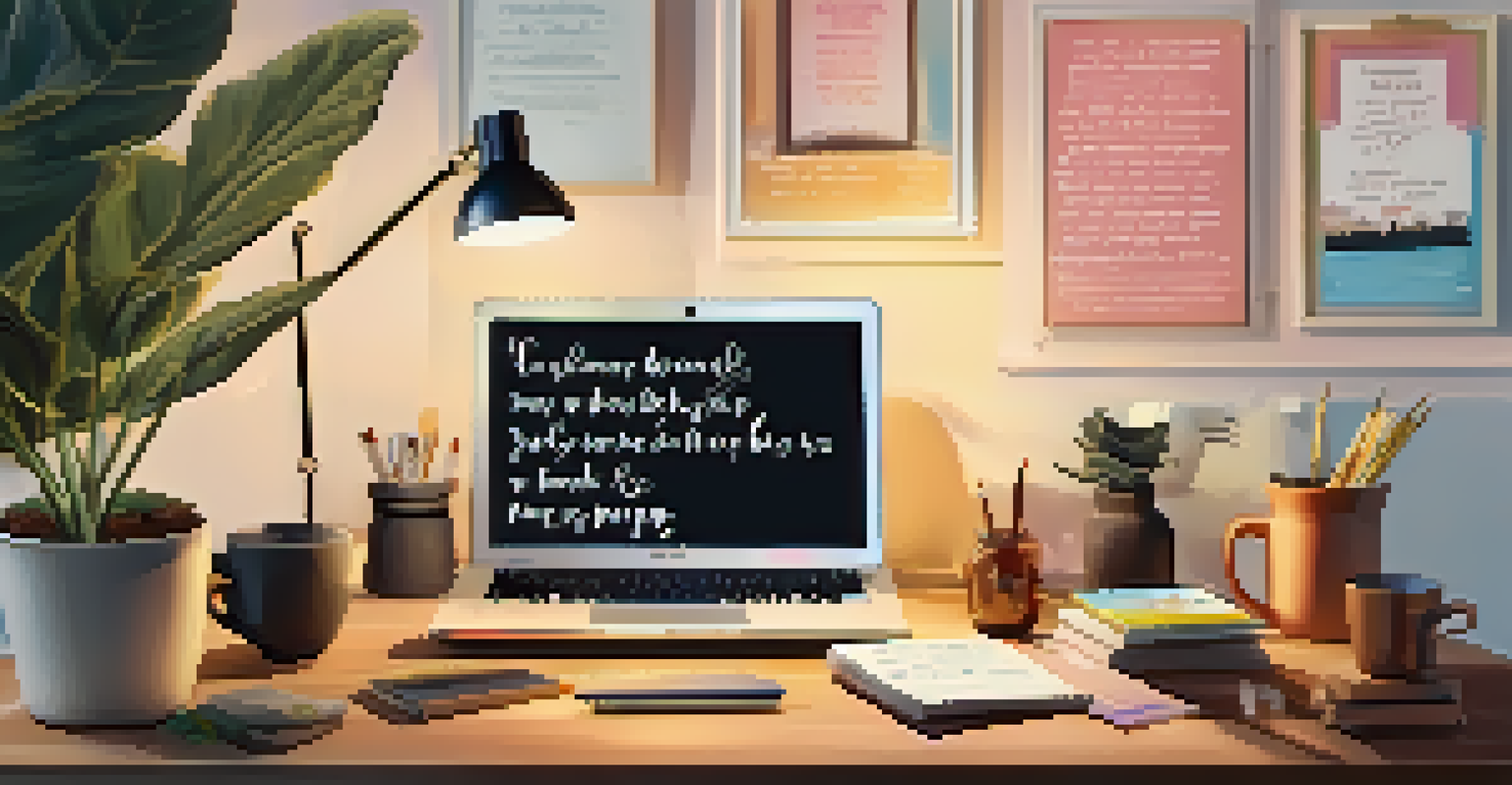 A well-organized desk with motivational quotes, a journal, and a cup of tea, bathed in warm light.