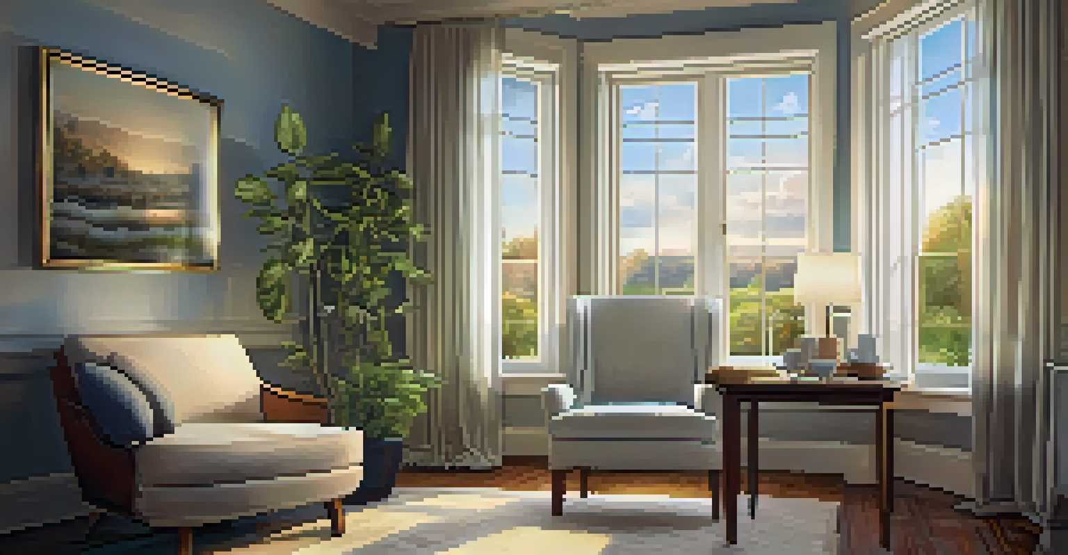A cozy room with a comfortable chair, a cup of tea, and calming artwork, illuminated by warm lighting.