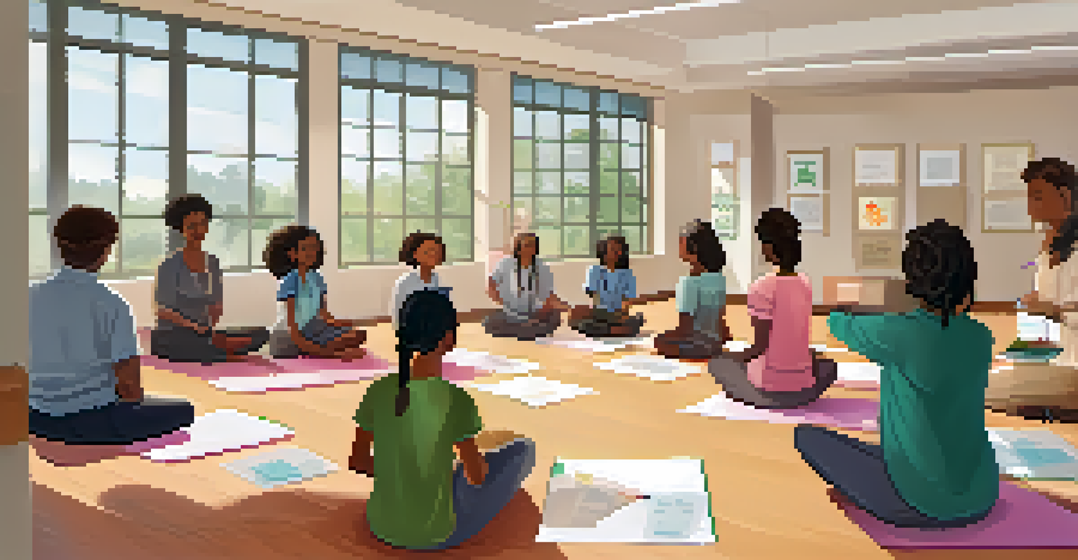 Teachers participating in a mindfulness training workshop in a bright and welcoming classroom.