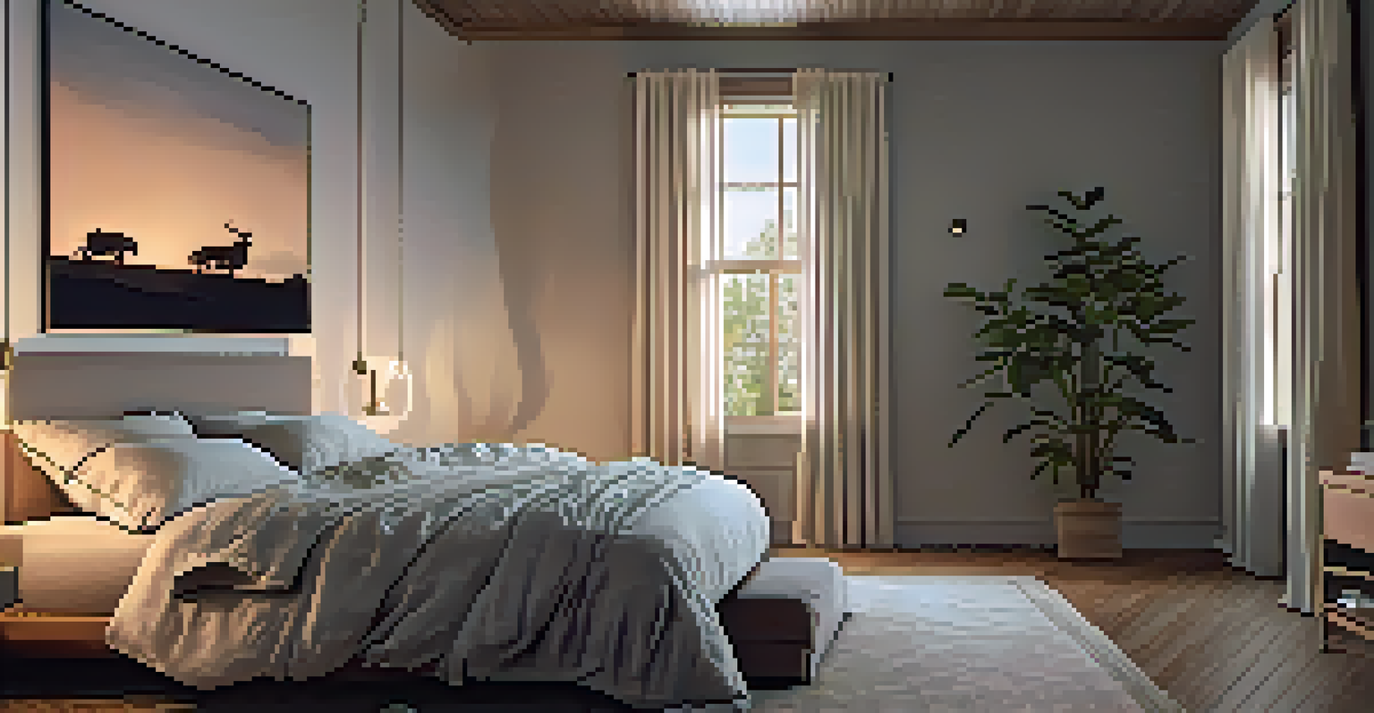 A cozy bedroom at dusk with blackout curtains, soft bedside lamp light, and natural cotton bedding.