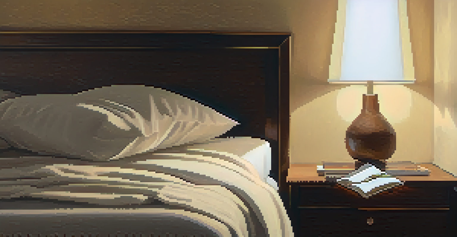 A close-up of a person reading a book in a dim room, surrounded by warm lighting, a cup of tea, and a plant, creating a peaceful pre-sleep atmosphere.