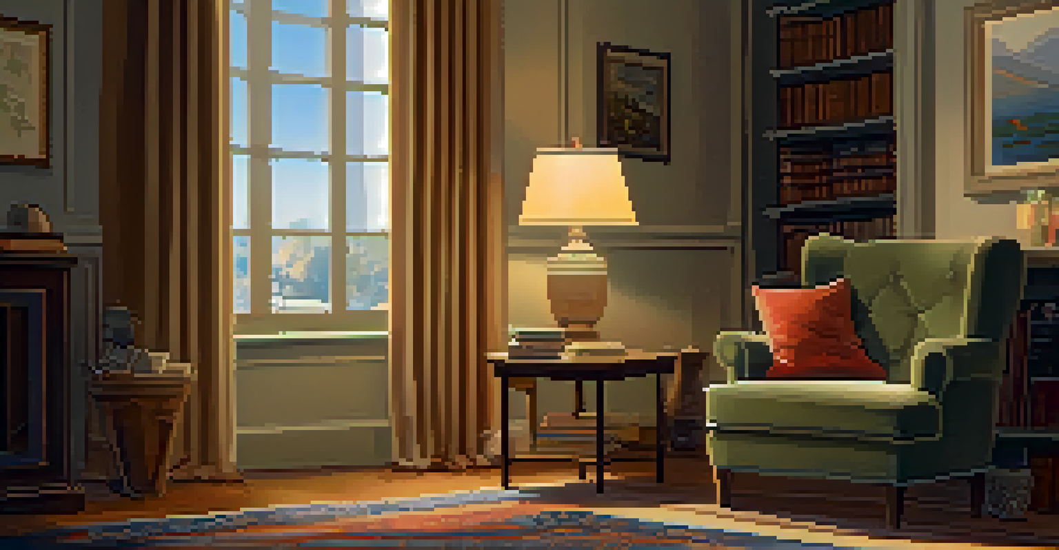 A cozy living room featuring an armchair, a glass of water, and a plate of nuts, with warm lighting and a bookshelf in the background.