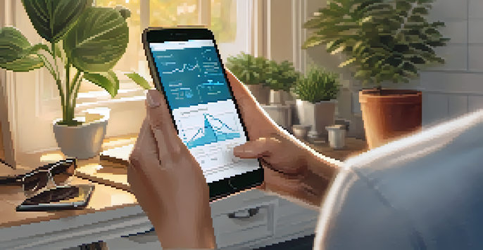 A patient at home reviewing lab results on a smartphone, with a cozy living space in the background.