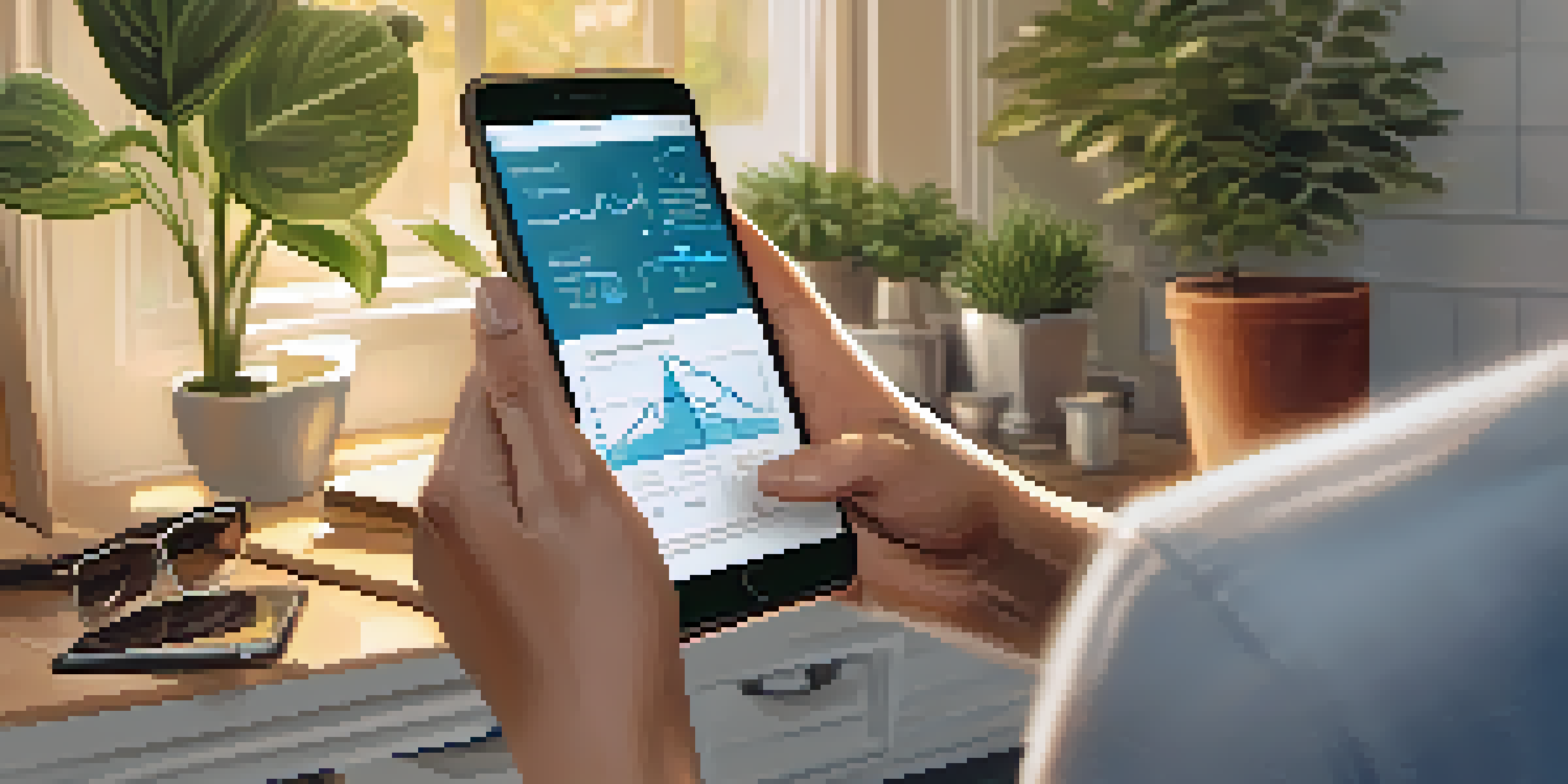 A patient at home reviewing lab results on a smartphone, with a cozy living space in the background.