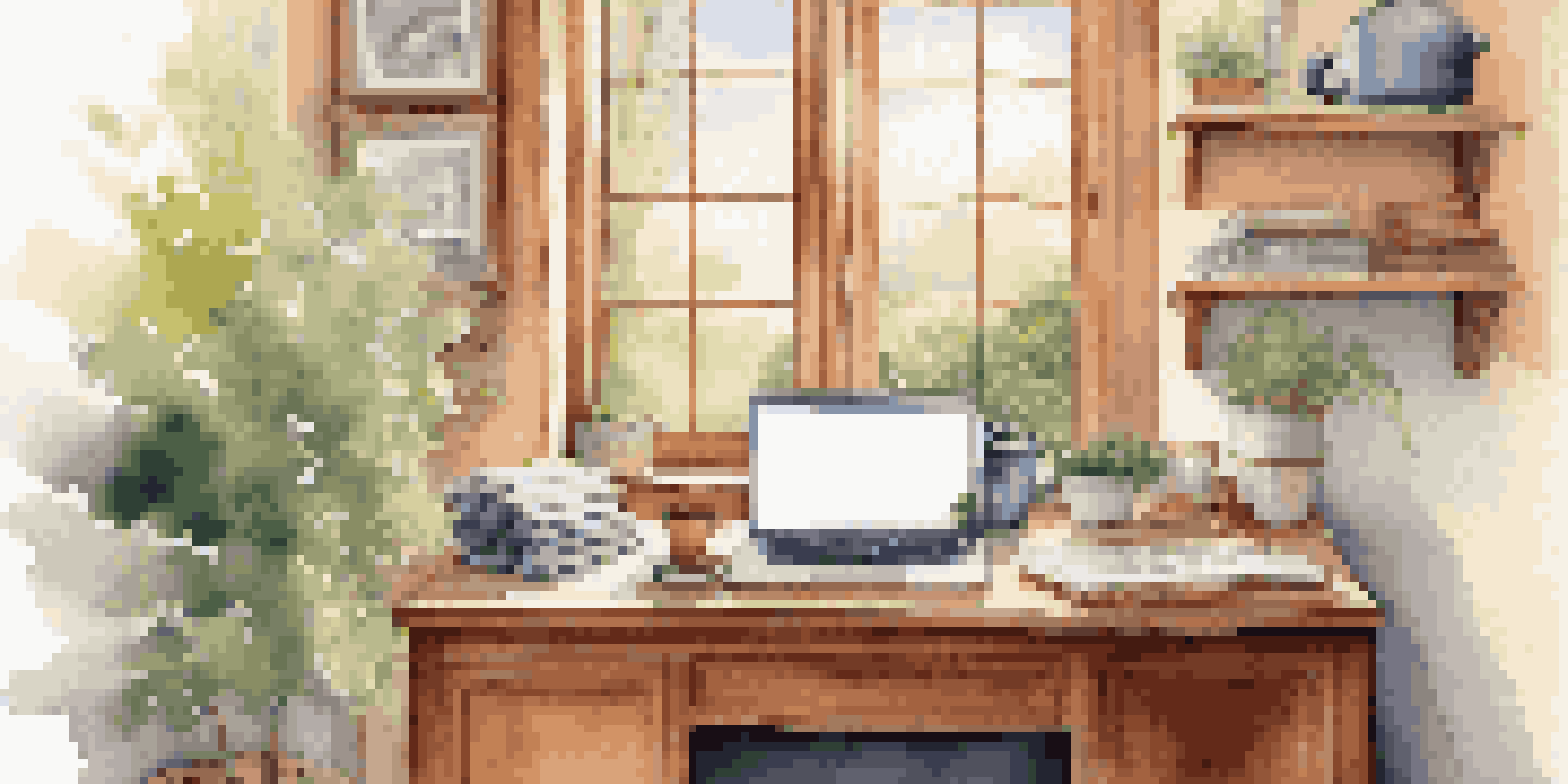 A cozy home office with a wooden desk, laptop, notepads, and a steaming cup of coffee, illuminated by warm natural light, with a garden view outside.