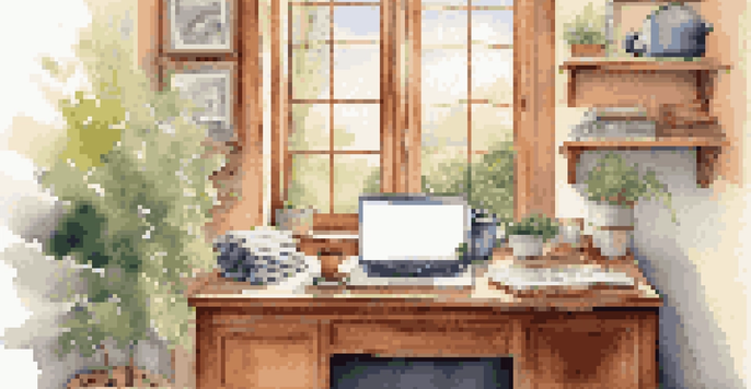 A cozy home office with a wooden desk, laptop, notepads, and a steaming cup of coffee, illuminated by warm natural light, with a garden view outside.