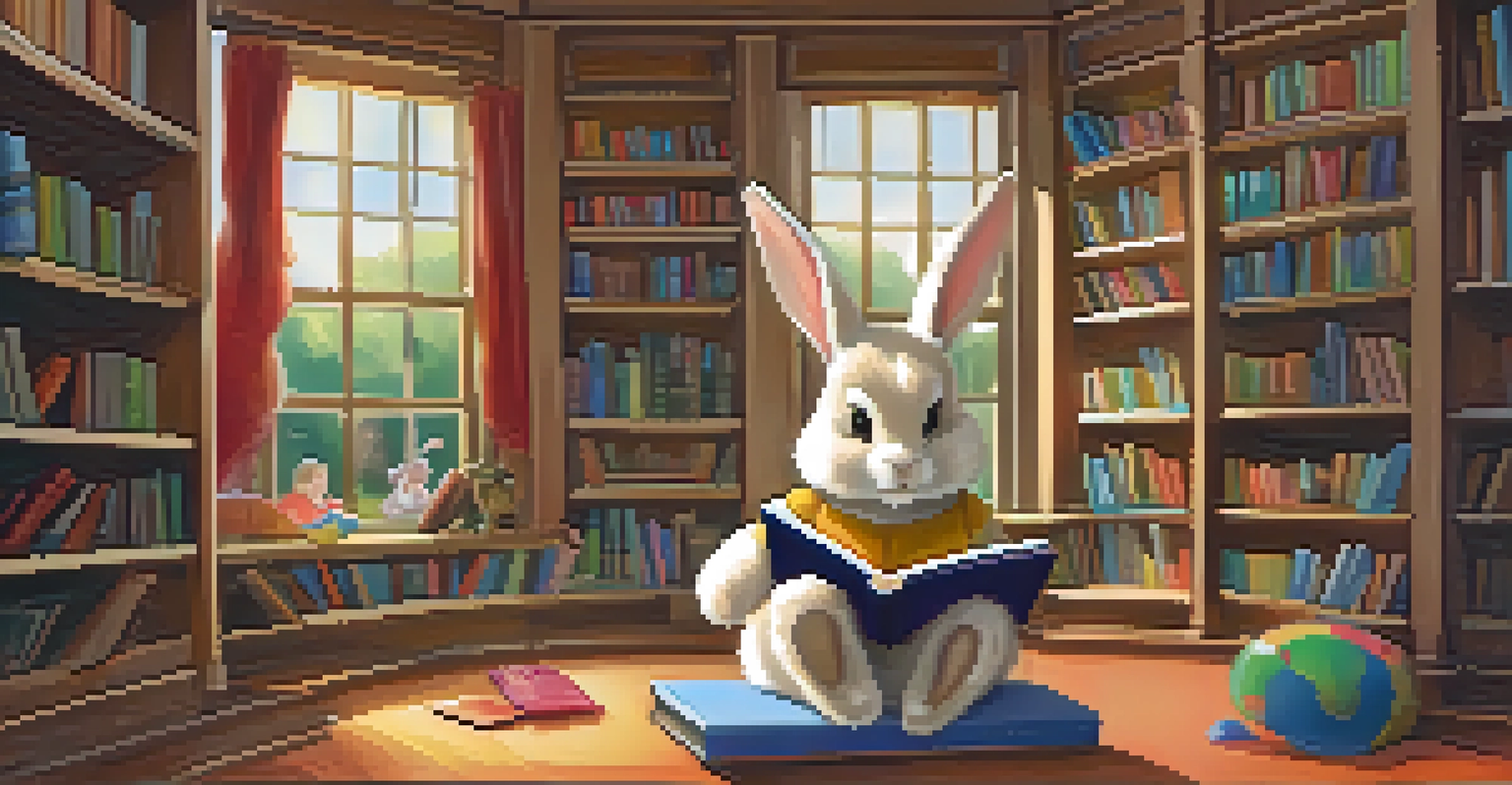 A fluffy therapy rabbit in a school library, with children reading and interacting in a joyful atmosphere.