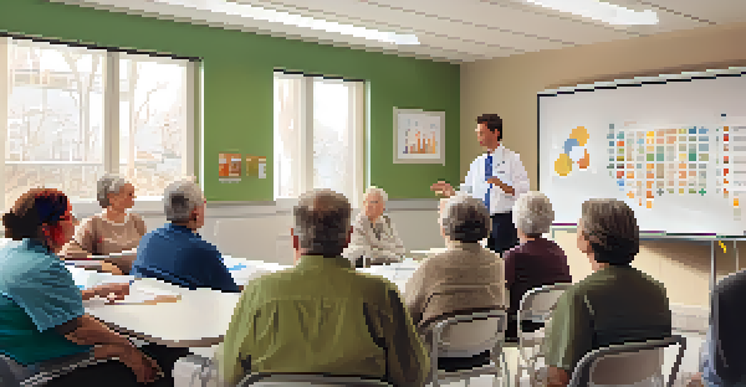 A healthcare professional explaining health concepts to a group of engaged adults and seniors using visual aids in a warmly lit room.
