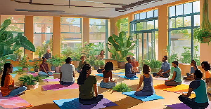 A community center filled with diverse people participating in mental health workshops, with sunlight streaming through windows and colorful posters on the walls.