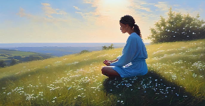 A person meditating on a grassy hill surrounded by wildflowers under a clear blue sky, with warm sunlight filtering through clouds.