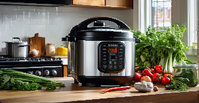 A modern kitchen countertop with an electric pressure cooker, fresh vegetables, herbs, and spices, illuminated by natural light.