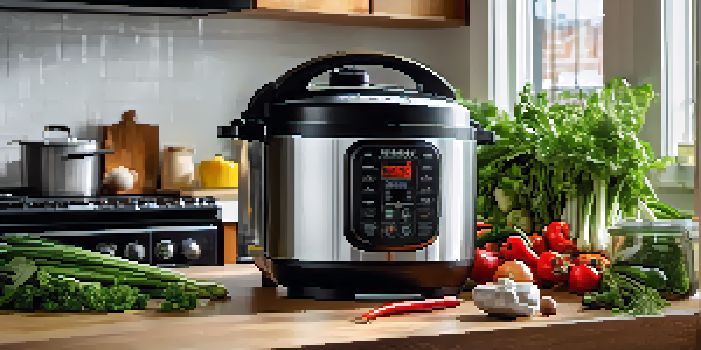 A modern kitchen countertop with an electric pressure cooker, fresh vegetables, herbs, and spices, illuminated by natural light.